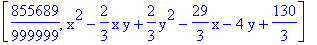[855689/999999, x^2-2/3*x*y+2/3*y^2-29/3*x-4*y+130/3]